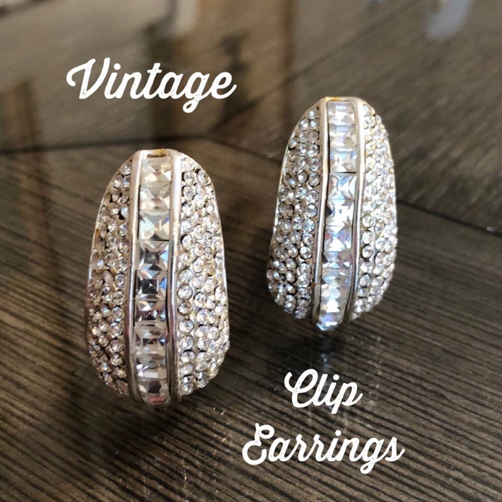 Large Glitzy Clear Rhinestone Clip Earrings